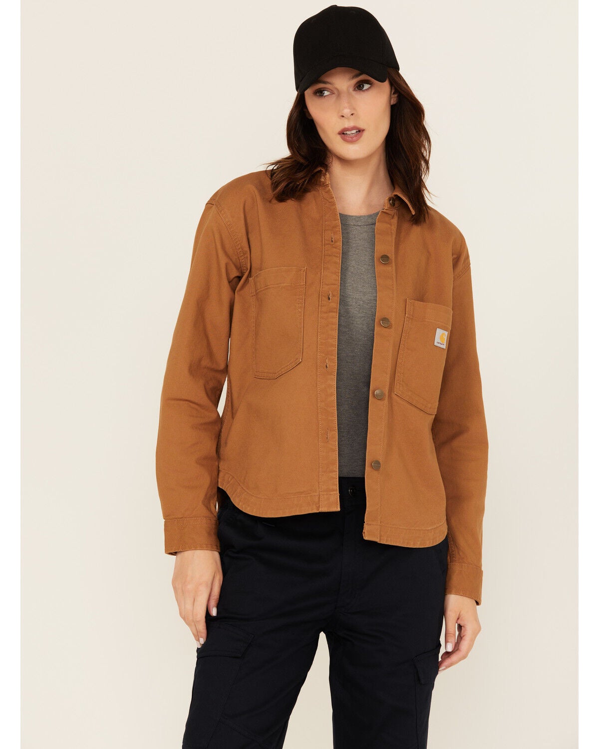 Carhartt Women's Rugged Flex&reg; Loose Fit Heavyweight Duck Long Sleeve Button-Down Overshirt, Brown, hi-res