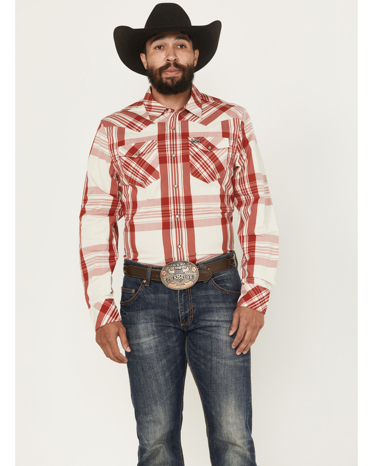 Image #1 - Kimes Ranch Men's Double R Plaid Print Long Sleeve Snap Western Shirt, Red, hi-res