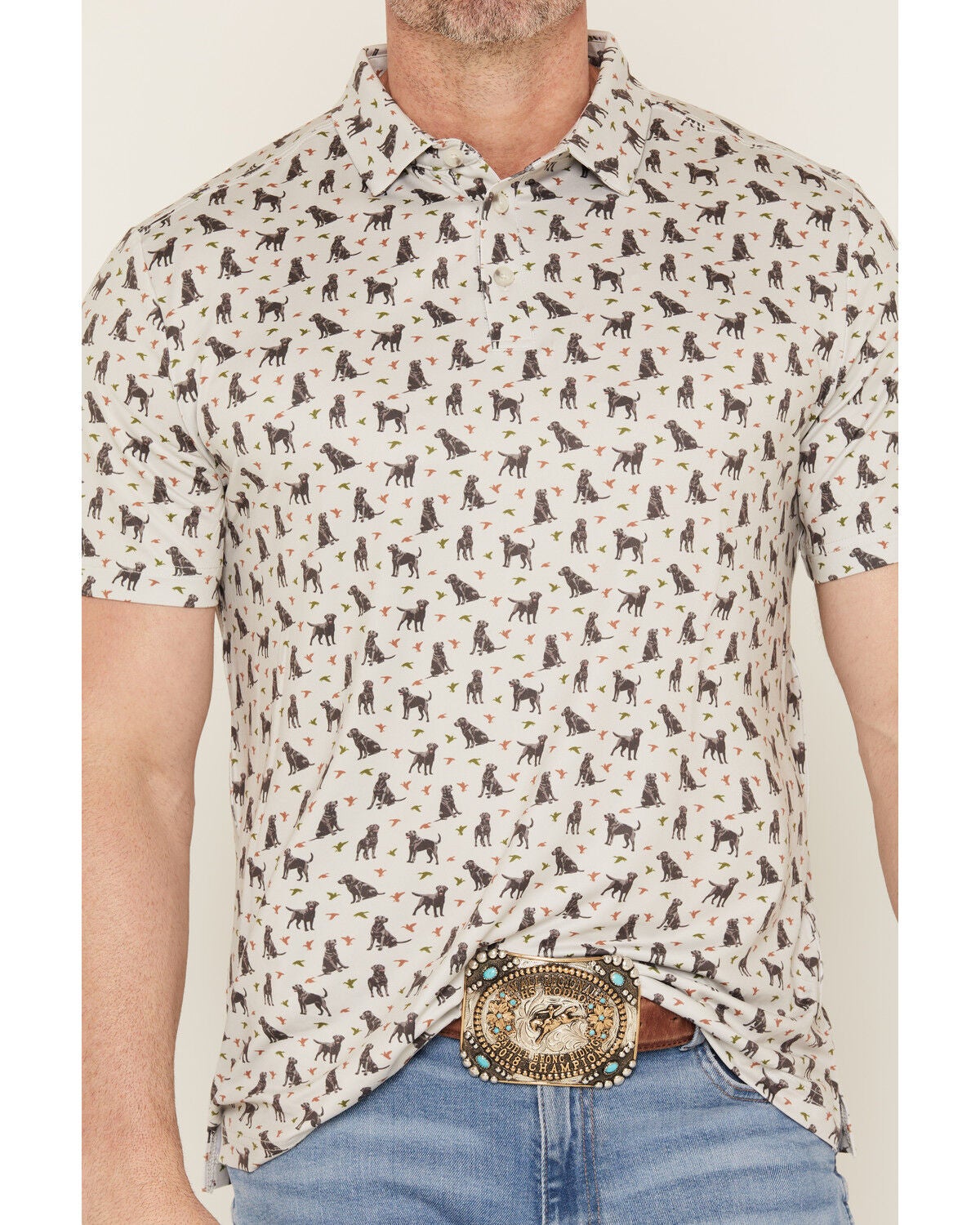 Image #3 - Burlebo Men's Ducks And Dogs Print Short Sleeve Button-Down Polo Shirt, Natural, hi-res
