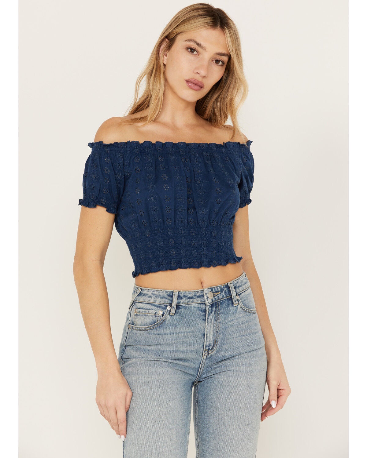 Cleo + Wolf Women's Knit Eyelet Smocked Crop Top, Navy, hi-res