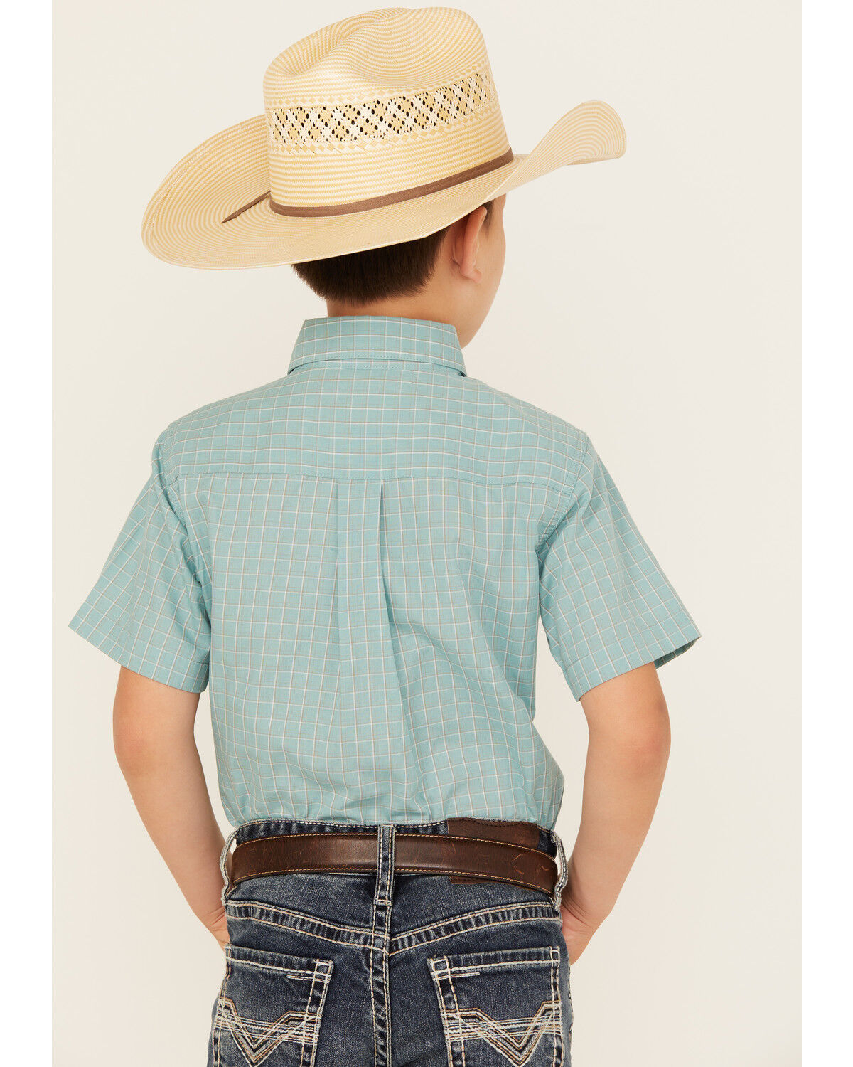 Image #4 - Wrangler Riata Boys' Plaid Print Short Sleeve Button-Down Western Shirt, Teal, hi-res