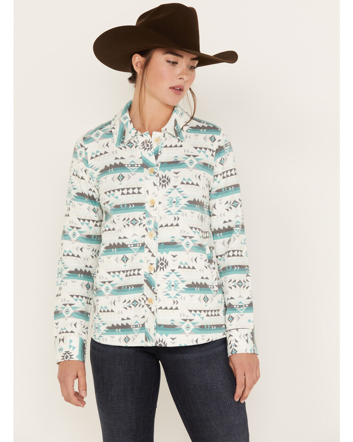 Image #1 - RANK 45® Women's Southwestern Print Quilted Shacket, Teal, hi-res