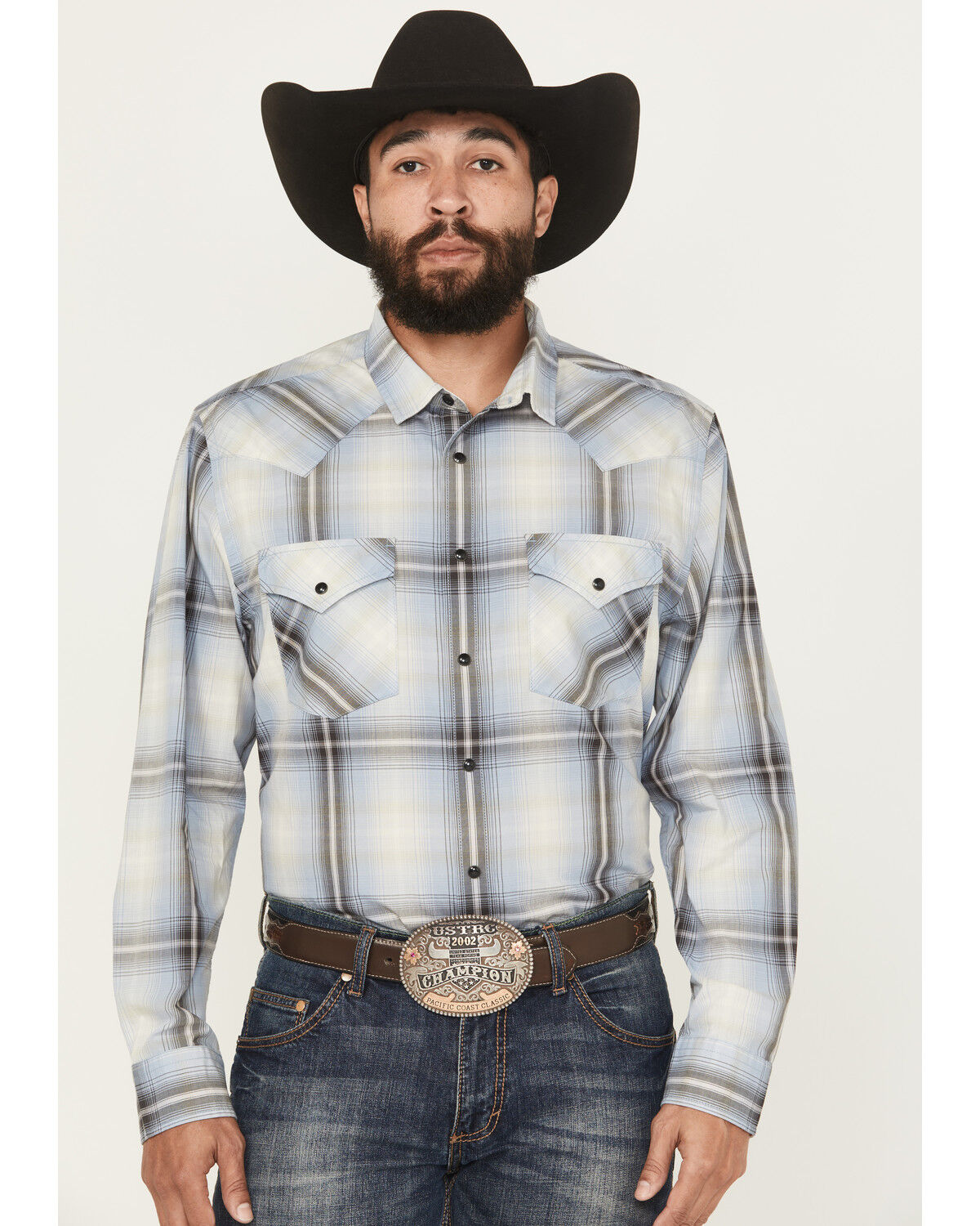 Image #1 - Pendleton Men's Frontier Plaid Print Long Sleeve Snap Western Shirt, Charcoal, hi-res
