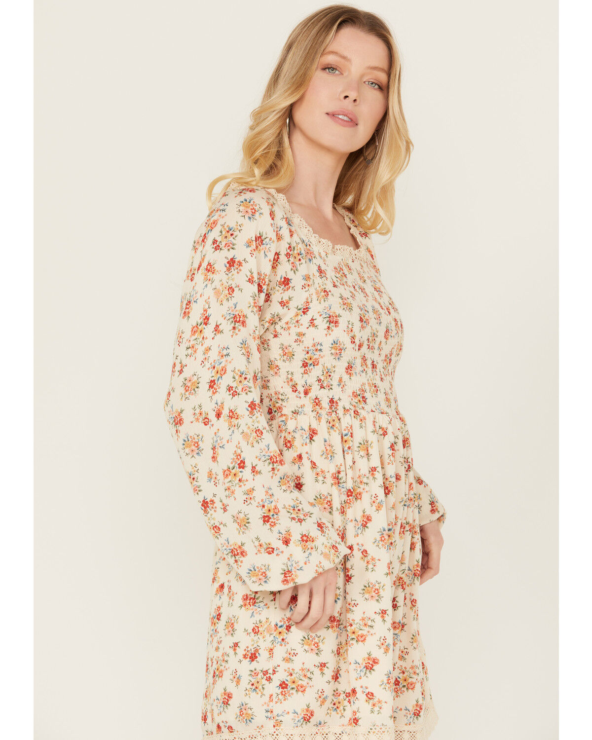 Image #2 - Wild Moss Women's Floral Print Smocked Long Sleeve Mini Dress, Ivory, hi-res
