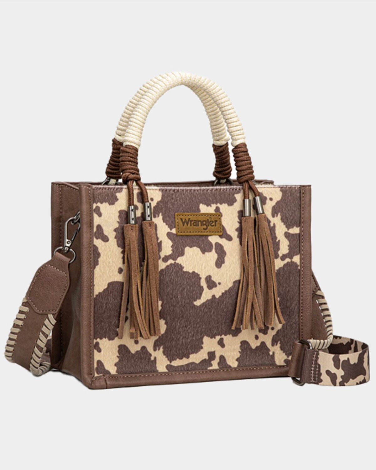 Image #1 - Wrangler Women's Cow Print Crossbody Tote, Coffee, hi-res