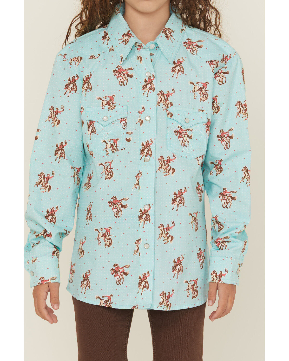Image #3 - Panhandle Girls' Horse And Heart Print Long Sleeve Snap Western Shirt, Blue, hi-res