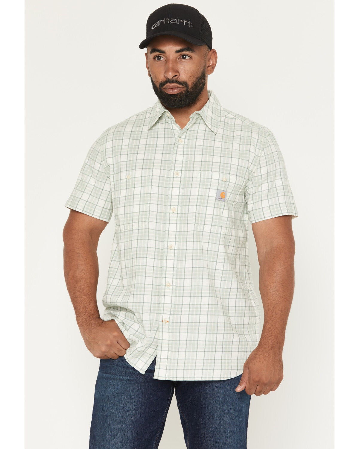 Image #1 - Carhartt Men's Bozeman Rugged Flex&reg; Relaxed Fit Plaid Print Short Sleeve Button-Down Work Shirt, Teal, hi-res