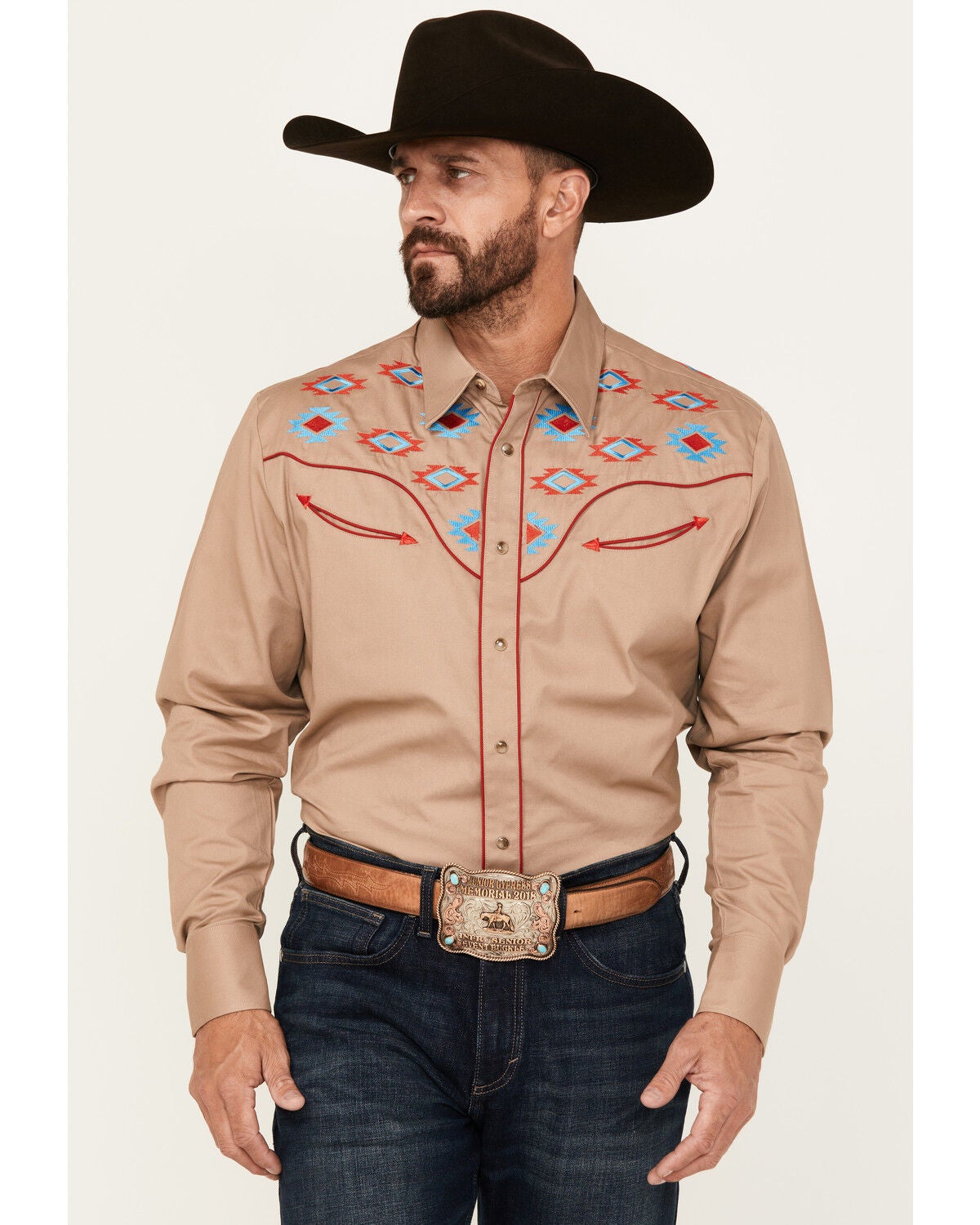 Rodeo Clothing Men's Embroidered Yoke Long Sleeve Snap Western Shirt, Tan, hi-res