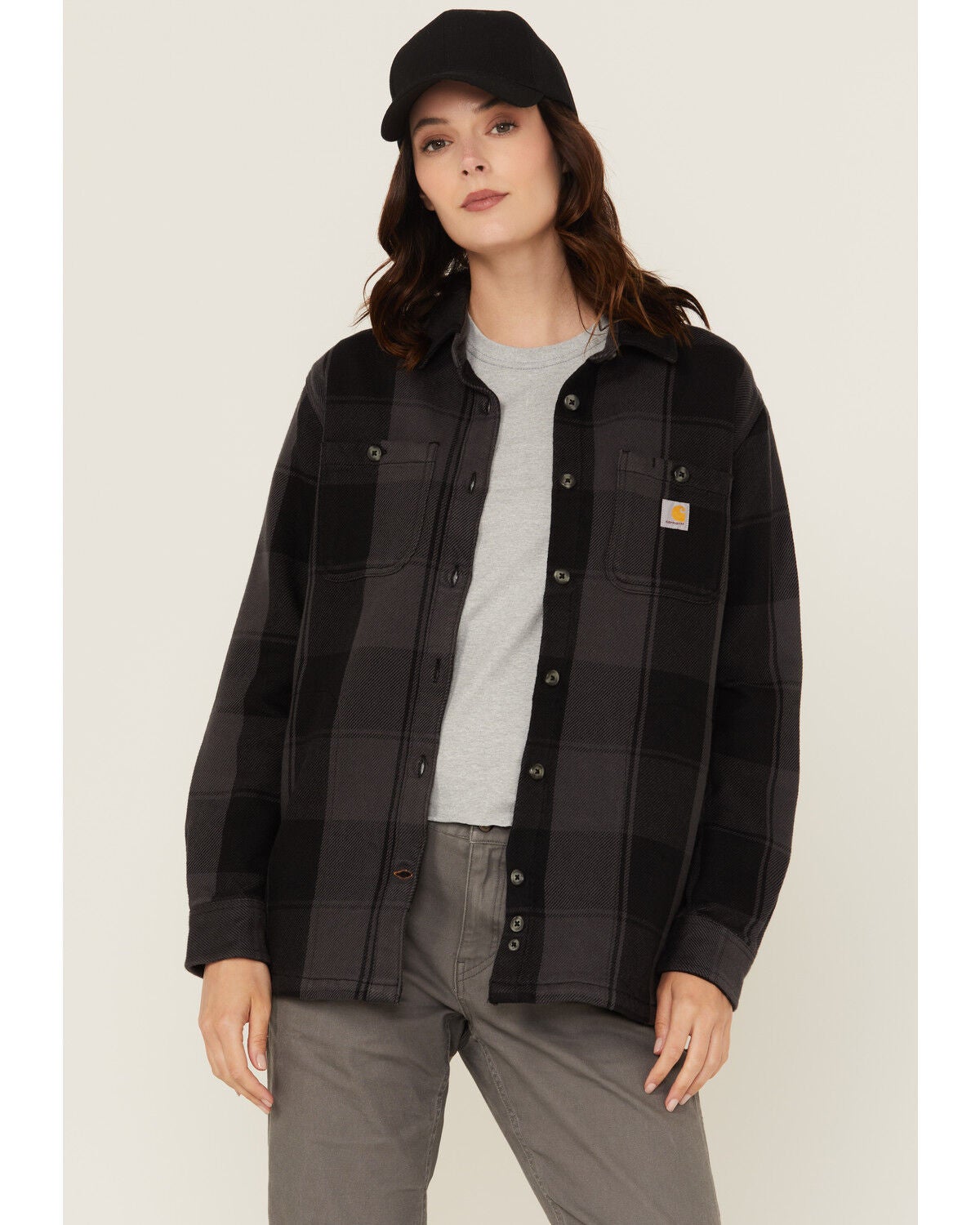 Carhartt Women's Rugged Flex&reg; Loose Fit Heavyweight Duck Long Sleeve Button-Down Shacket, Black, hi-res