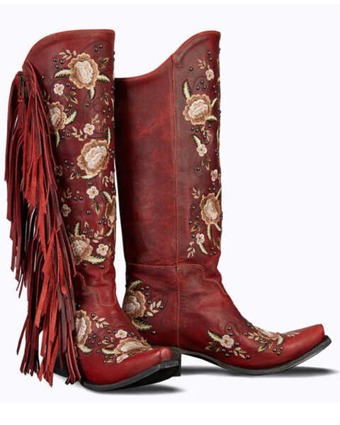Lane Women's Flora Fringe Western Boots - Snip Toe, Ruby, hi-res