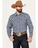 Image #1 - Stetson Men's Dobby Plaid Print Long Sleeve Western Pearl Snap Shirt, Dark Blue, hi-res