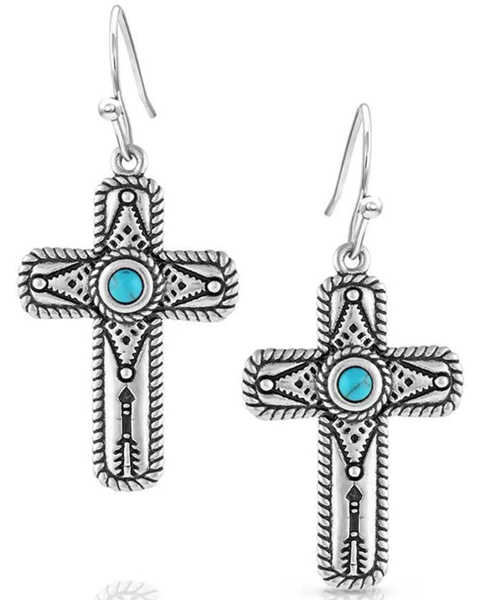 Montana Silversmiths Women's Faith On Point Turquoise Cross Earrings, Silver, hi-res