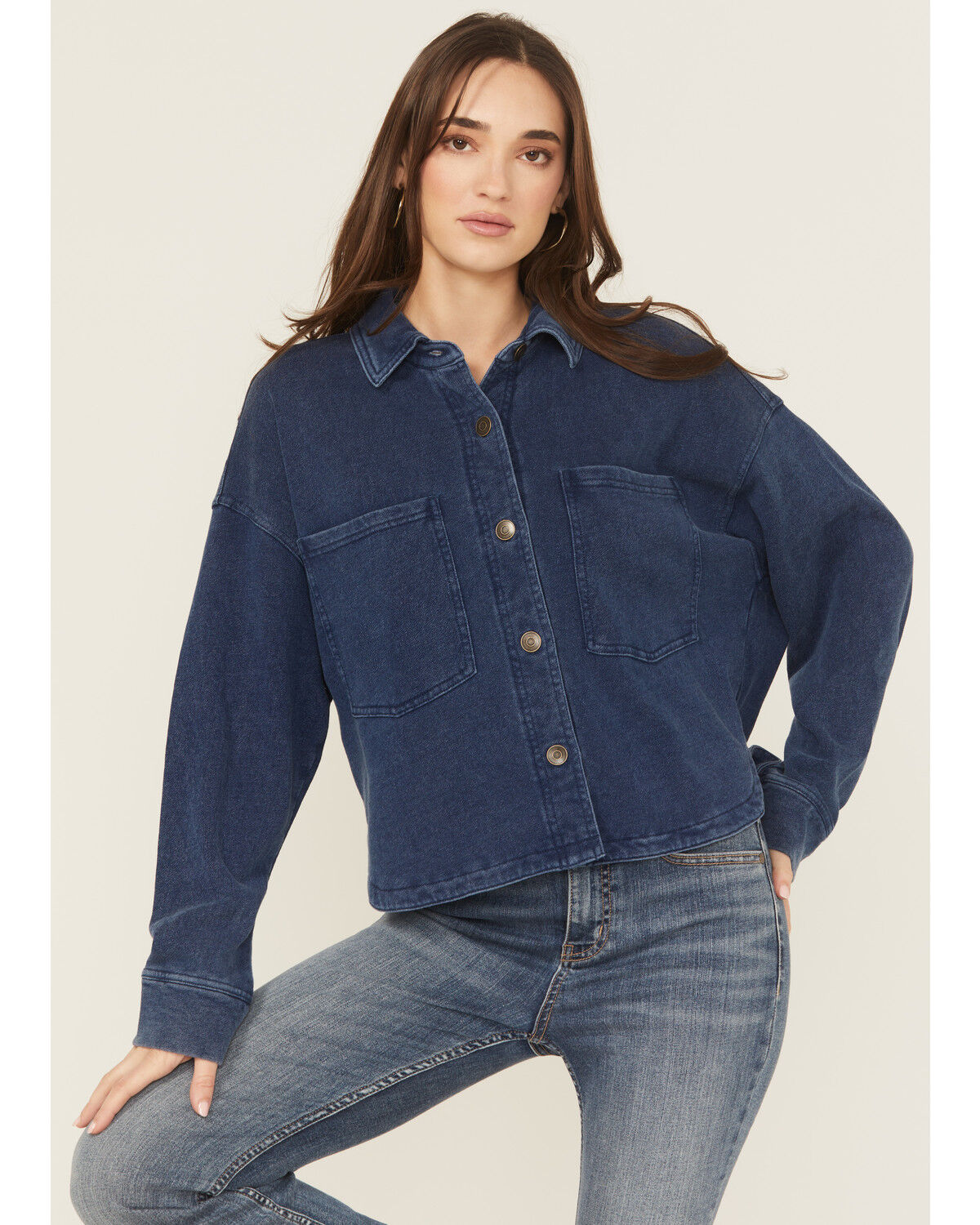 Image #2 - White Crow Women's Denim Knit Long Sleeve Button-Down Cropped Shacket, Dark Blue, hi-res