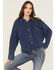 Image #2 - White Crow Women's Denim Knit Long Sleeve Button-Down Cropped Shacket, Dark Blue, hi-res