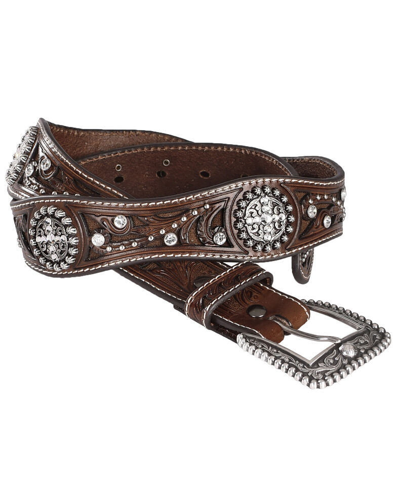 Ariat Scalloped Hand Tooled & Embellished Western Belt, Brown, hi-res