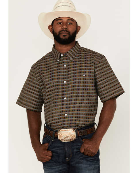 RANK 45 Men's Steer Small Plaid Print Short Sleeve Button Down Western Shirt , Black, hi-res
