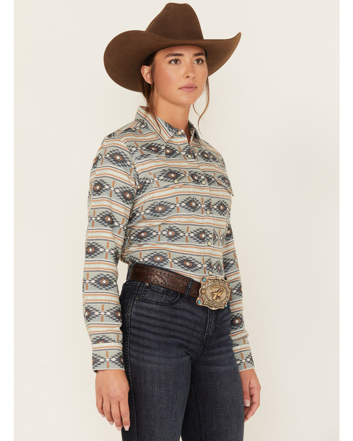 Image #2 - Ariat Women's Southwestern Stripe Print Long Sleeve Snap Creekside Western Shirt, Teal, hi-res