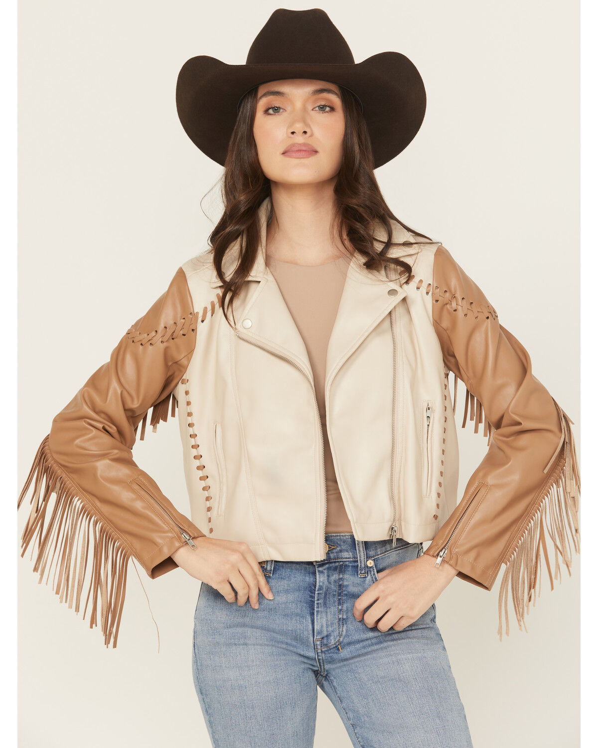Image #1 - Blue B Women's Fringe Whip Stitch Faux Leather Moto Jacket, Taupe, hi-res