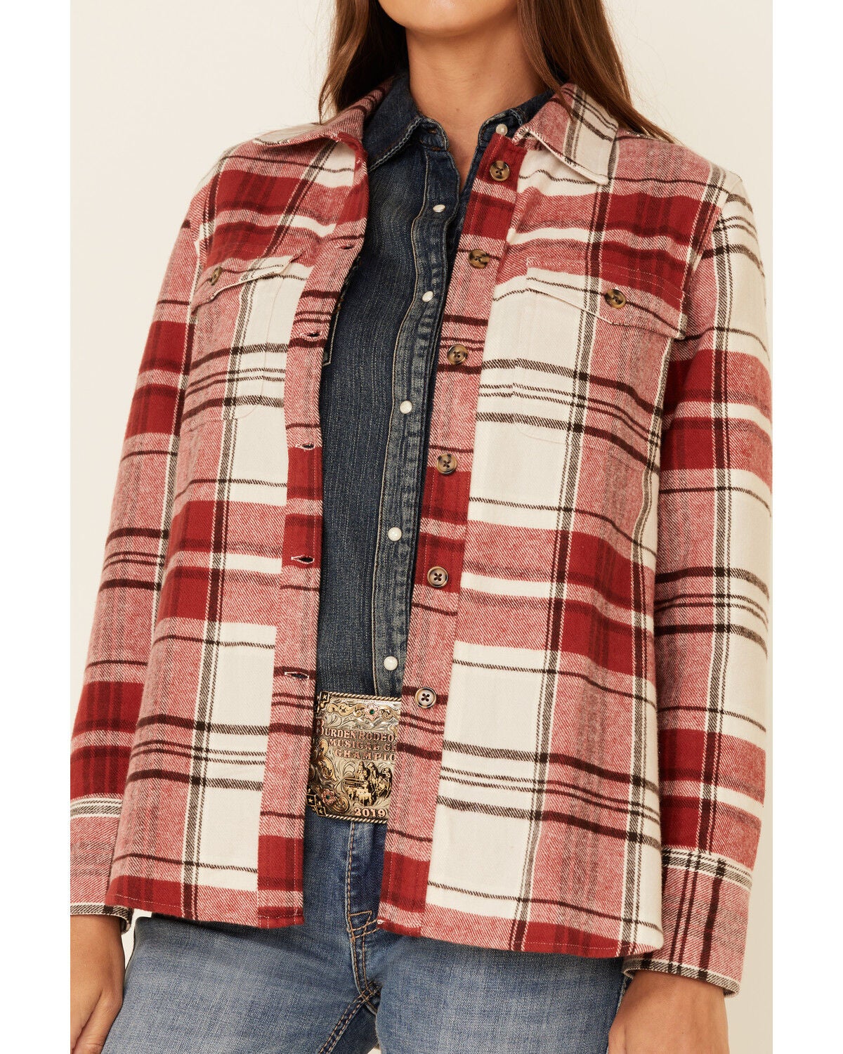 Shyanne Women's Ivory \u0026 Burgundy Plaid 