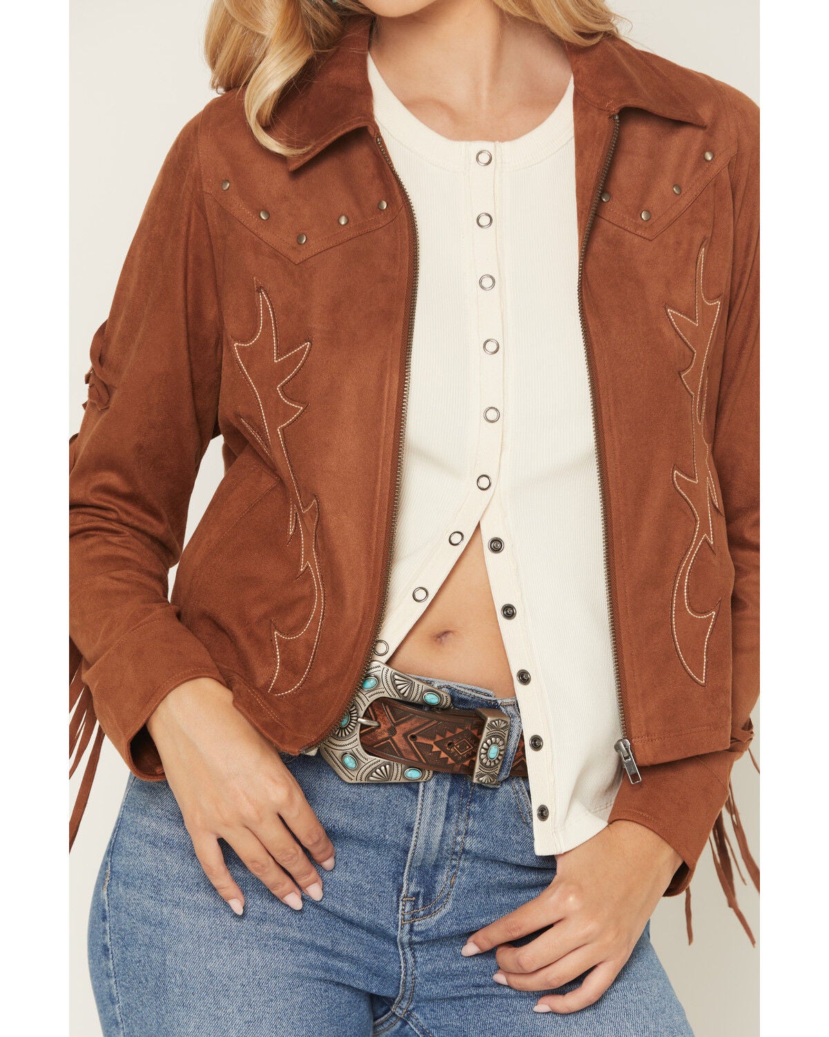 Image #6 - Idyllwind Women's Juniper Faux Suede Boot Stitched Fringe Zip-Up Jacket, Caramel, hi-res