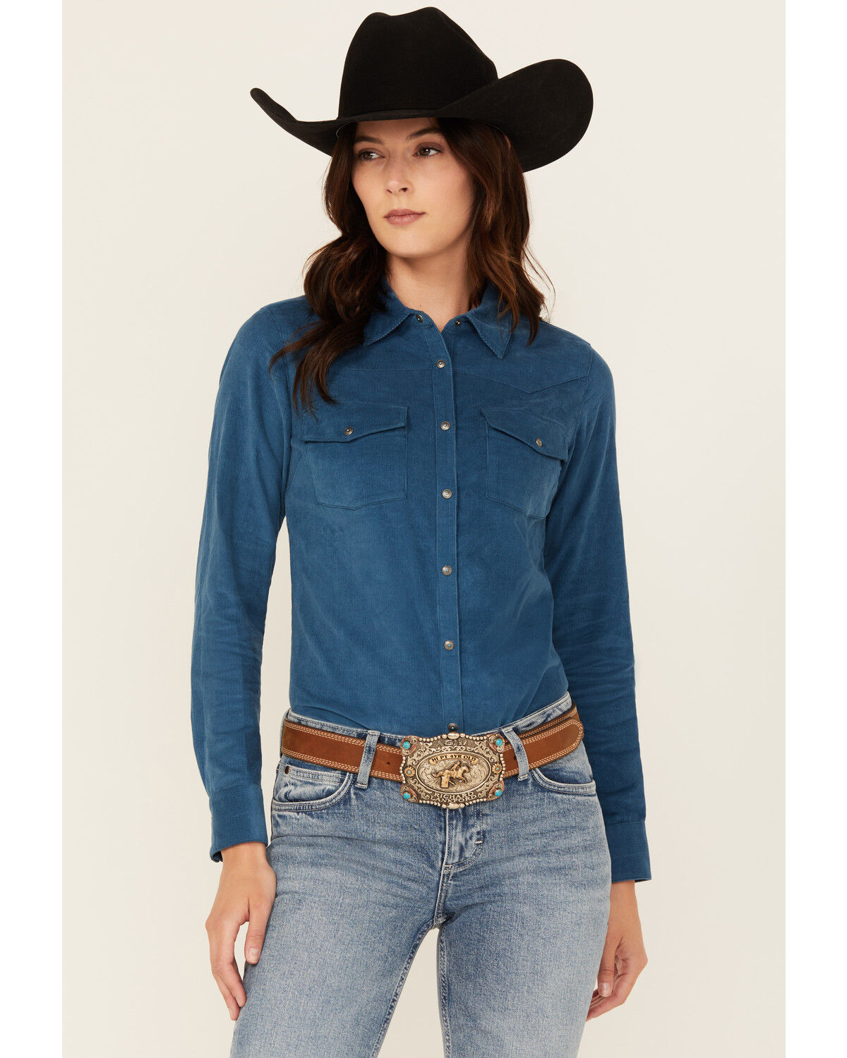 Image #1 - Shyanne Women's Wale Corduroy Long Sleeve Snap Western Shirt, Royal Blue, hi-res