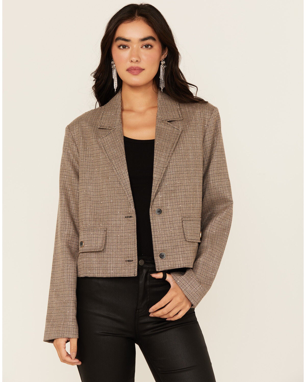 Mystree Women's Plaid Print Rhinestone Cropped Blazer, Lt Brown, hi-res