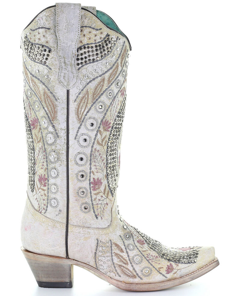 Corral Women's Crystal Floral Embroidery Western Boots - Snip Toe, Ivory, hi-res