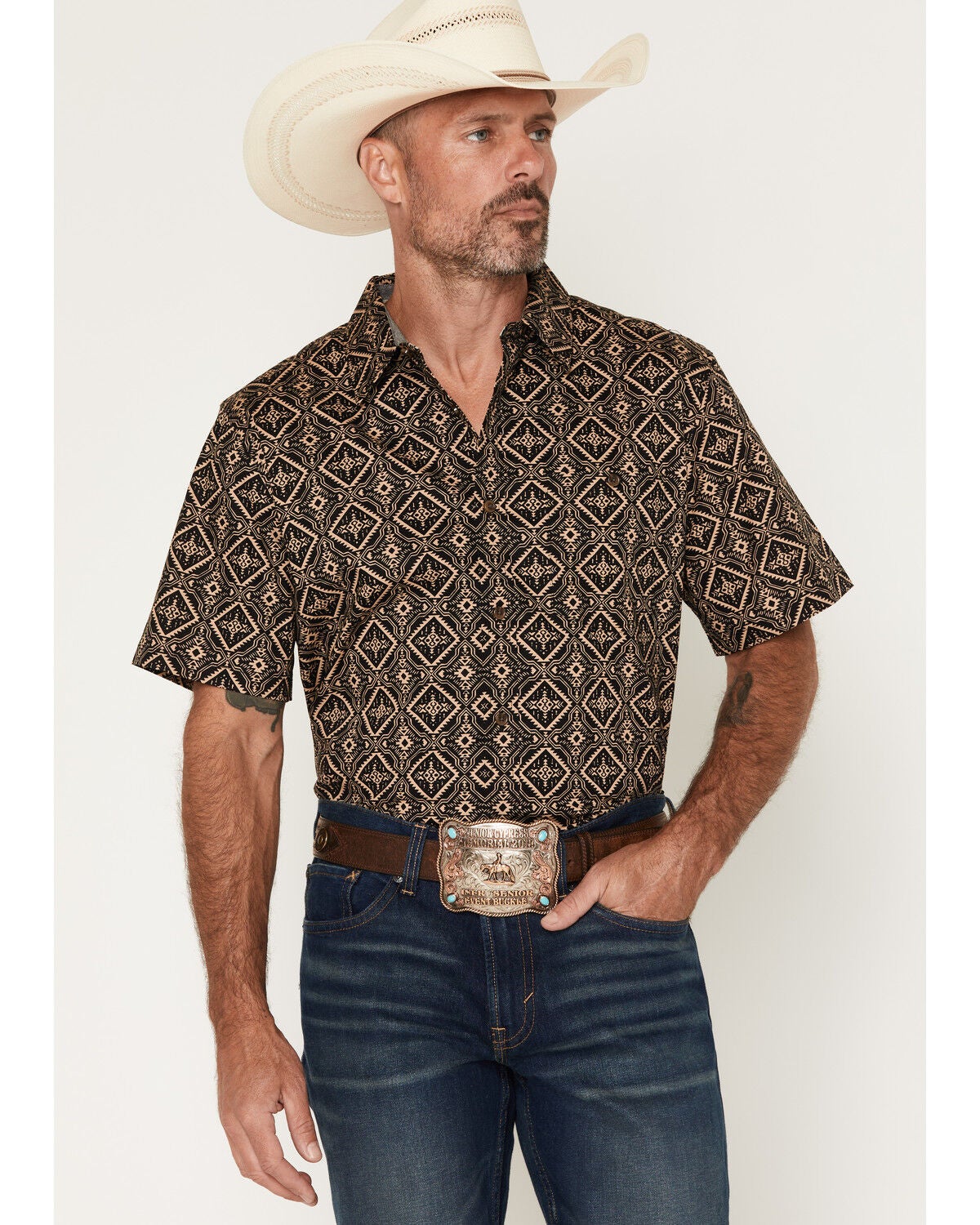 RANK 45&reg; Men's Free Hand Medallion Print Short Sleeve Button-Down Stretch Western Shirt, Black, hi-res