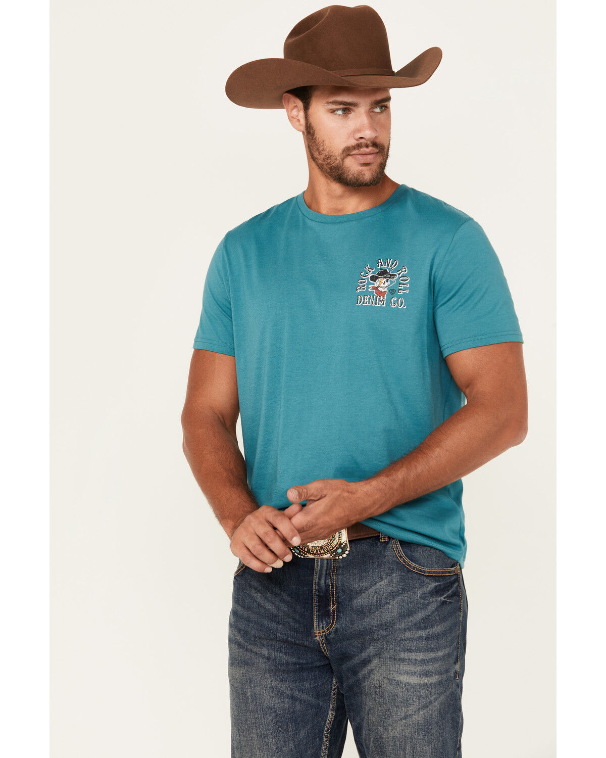 Image #2 - Rock & Roll Denim Men's Cowboy Skull Short Sleeve Graphic T-Shirt, Teal, hi-res