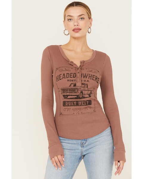 Cleo + Wolf Women's Rust Belt Long Sleeve Henley Shirt , Coffee, hi-res