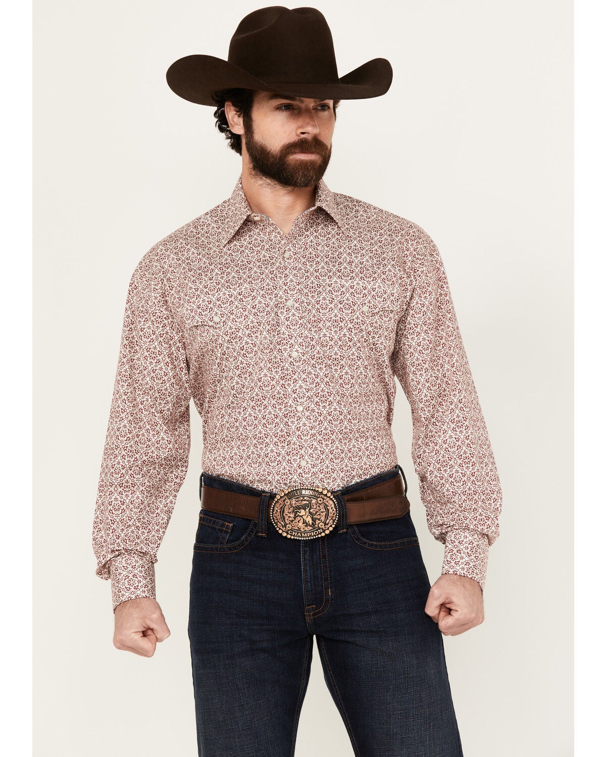 Stetson Men's Medallion Print Long Sleeve Pearl Snap Western Shirt, Maroon, hi-res