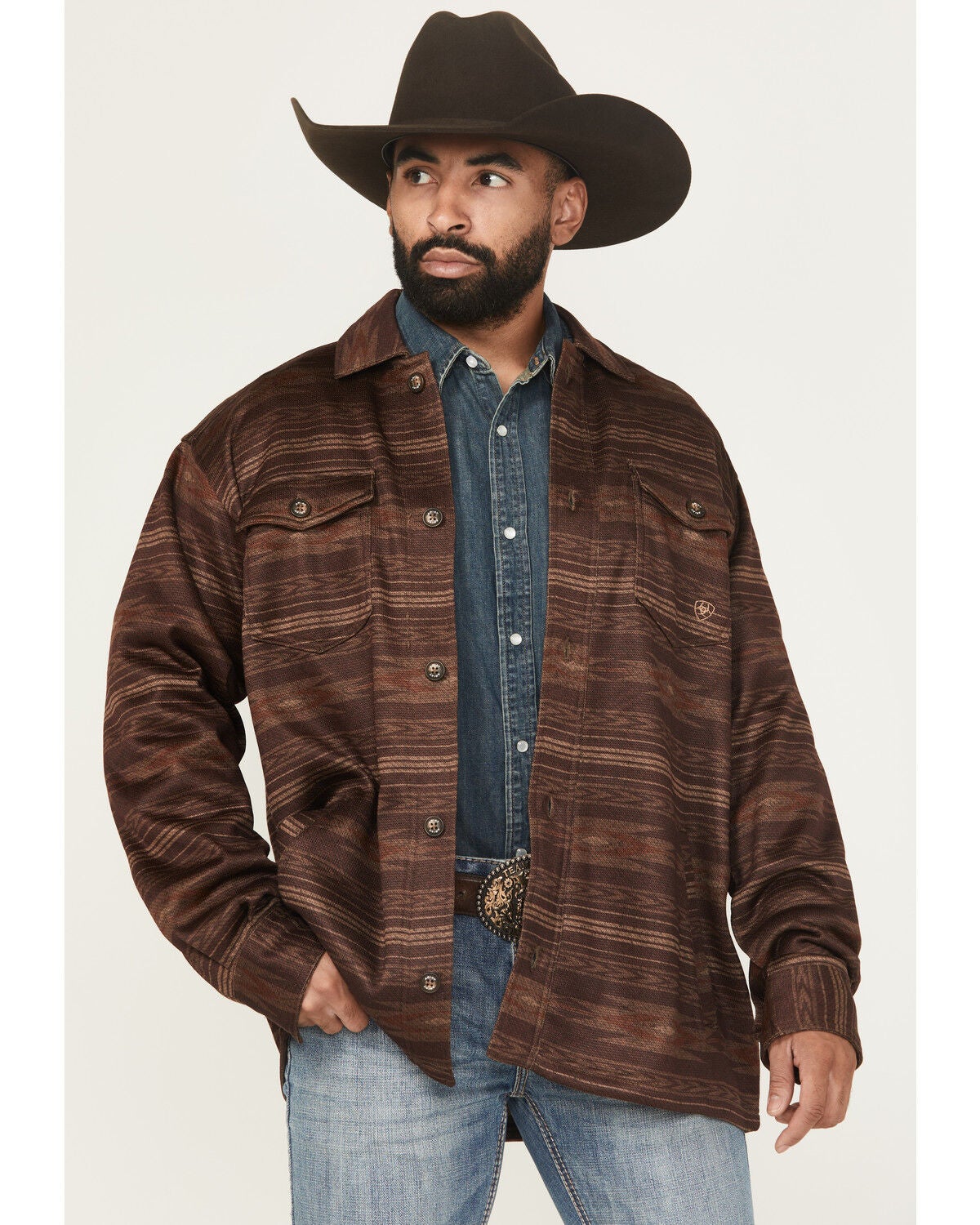 Image #1 - Ariat Men's Caldwell Southwestern Serape Stripe Print Long Sleeve Button-Down Shirt Jacket, Maroon, hi-res