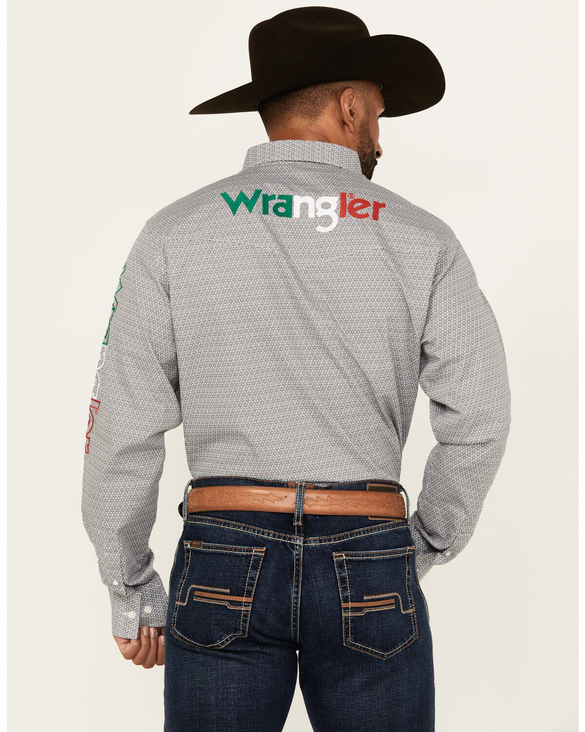 Image #4 - Wrangler Men's Mexico Flag Logo Geo Print Long Sleeve Button-Down Western Shirt - Tall, Grey, hi-res