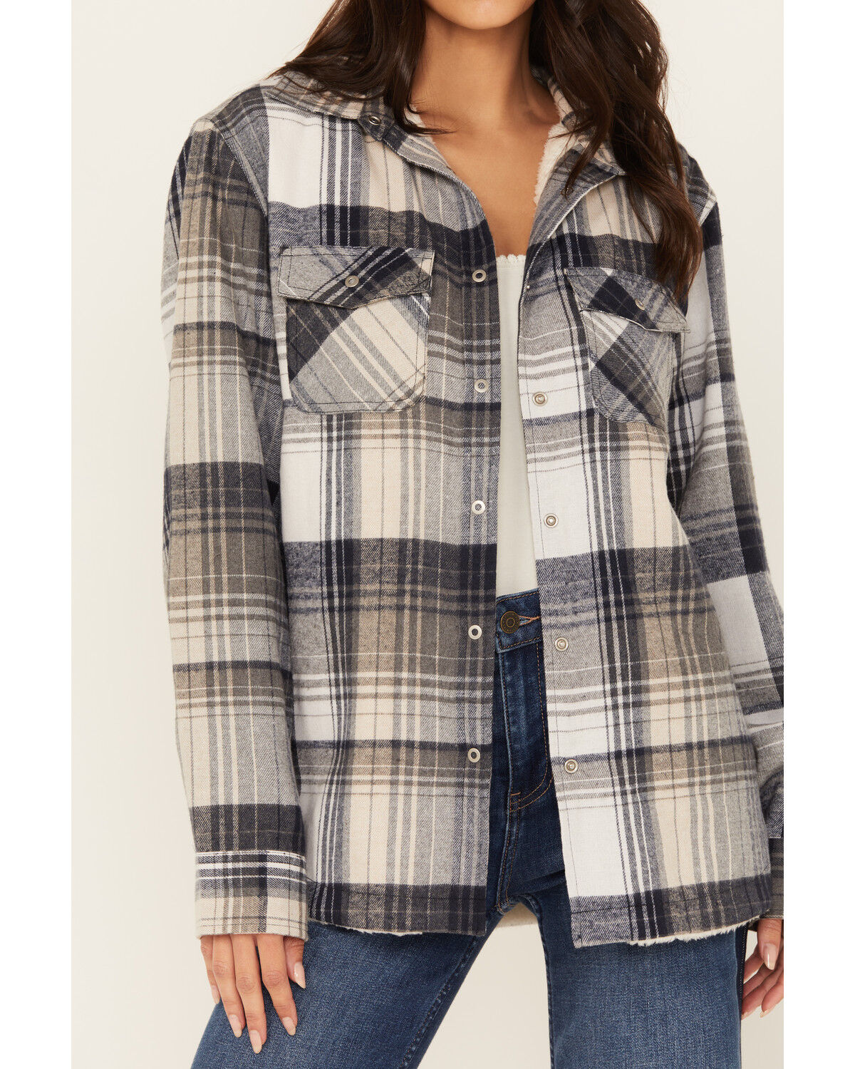 Image #3 - Pacific Teaze Women's Plaid Print Sherpa Lined Shacket, Navy, hi-res