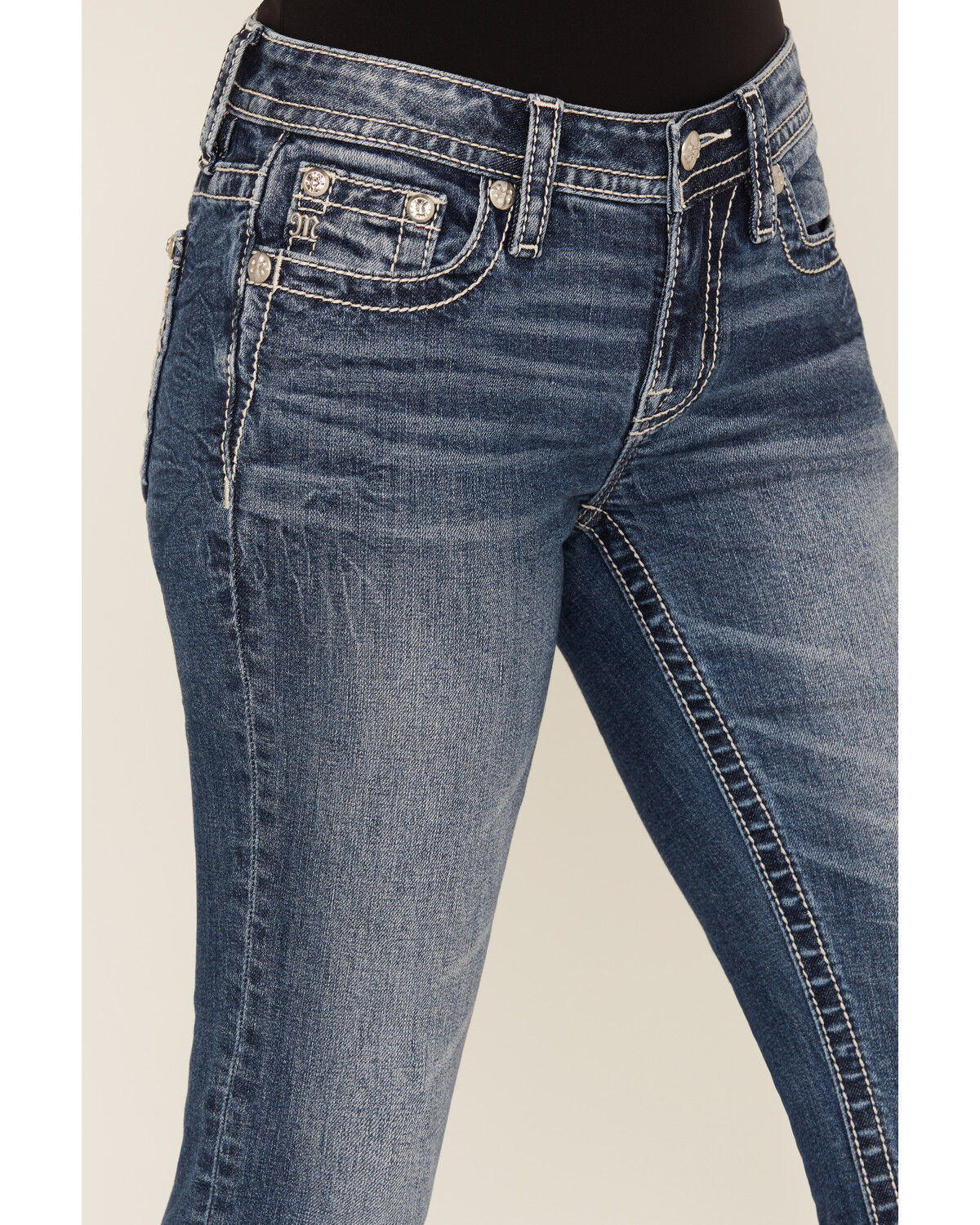Image #4 - Miss Me Women's Medium Wash Mid Rise Geo Pocket Bootcut Stretch Denim Jeans, Medium Wash, hi-res