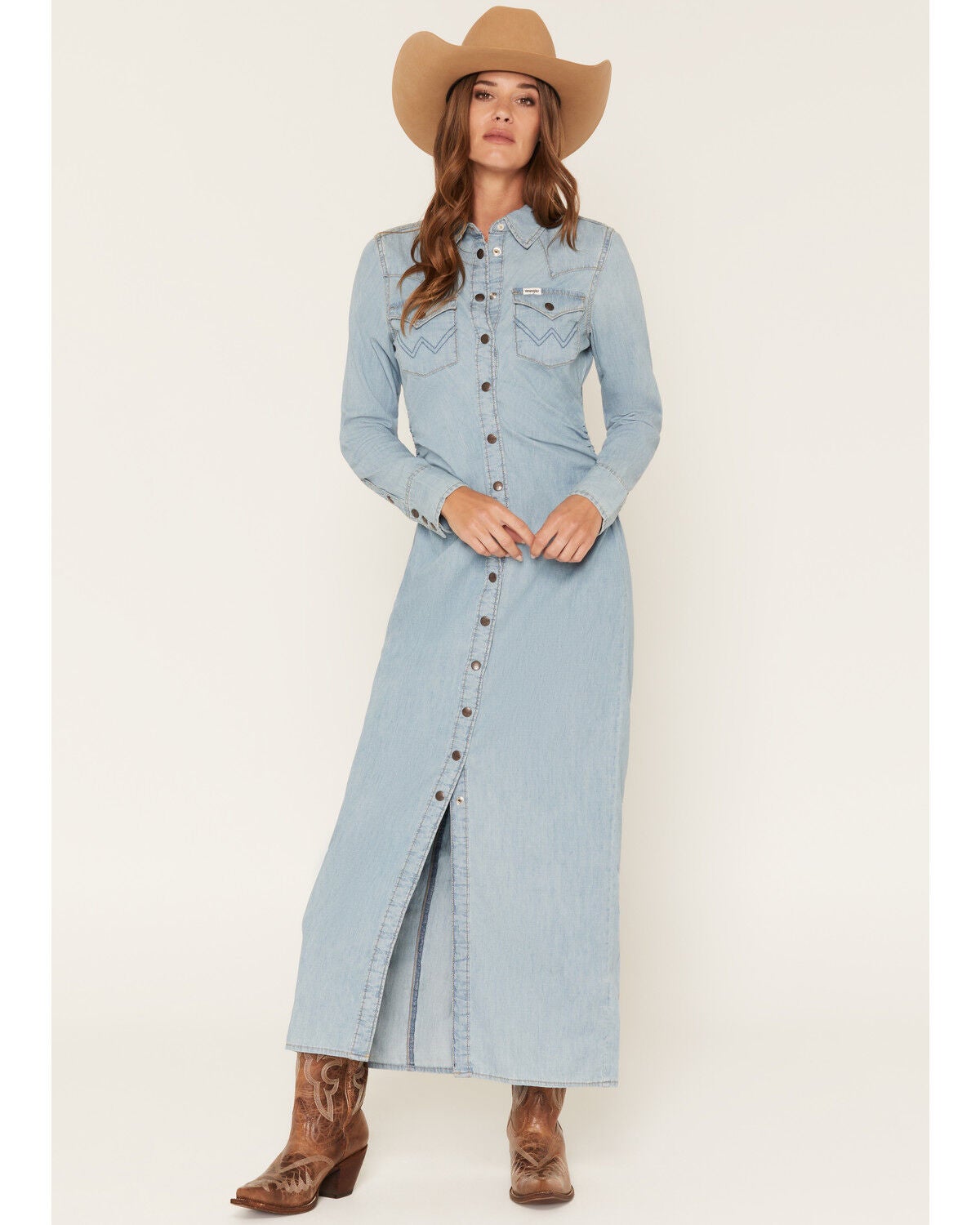 Image #1 - Wrangler Women's Light Wash Long Sleeve Cinched Waist Maxi Dress, Light Wash, hi-res