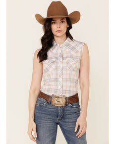 Cumberland Outfitters Women's Peach Plaid Snap Sleeveless Western Shirt, Peach, hi-res