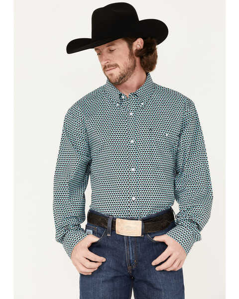 RANK 45 Men's Colt Geo Print Long Sleeve Button Down Western Shirt , White, hi-res