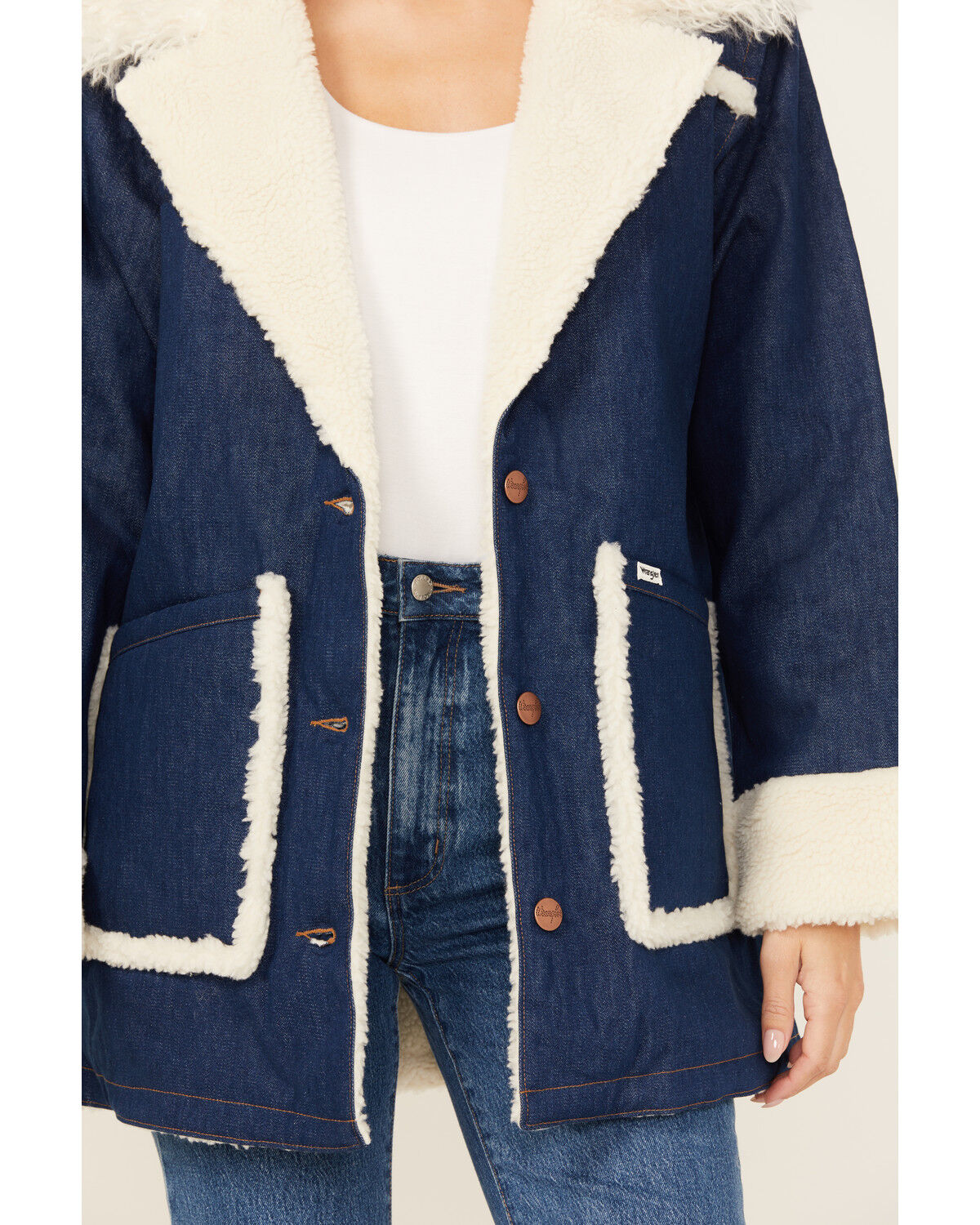 Image #3 - Wrangler Women's Medium Wash Sherpa Lined Oversized Jacket, , hi-res