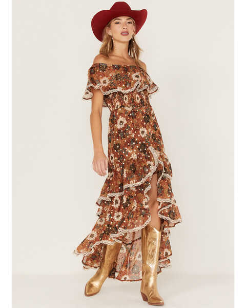 Shyanne Women's Floral Print Off-Shoulder Ruffle Maxi Dress, Chestnut, hi-res