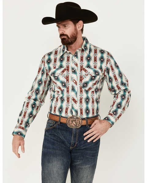 Image #1 - Panhandle Select Men's Southwestern Print Long Sleeve Snap Western Shirt, Cream, hi-res