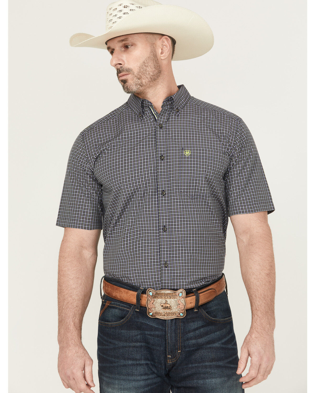 Image #1 - Ariat Men's Pro Series Caspian Plaid Print Short Sleeve Button-Down Western Shirt - Tall, Navy, hi-res