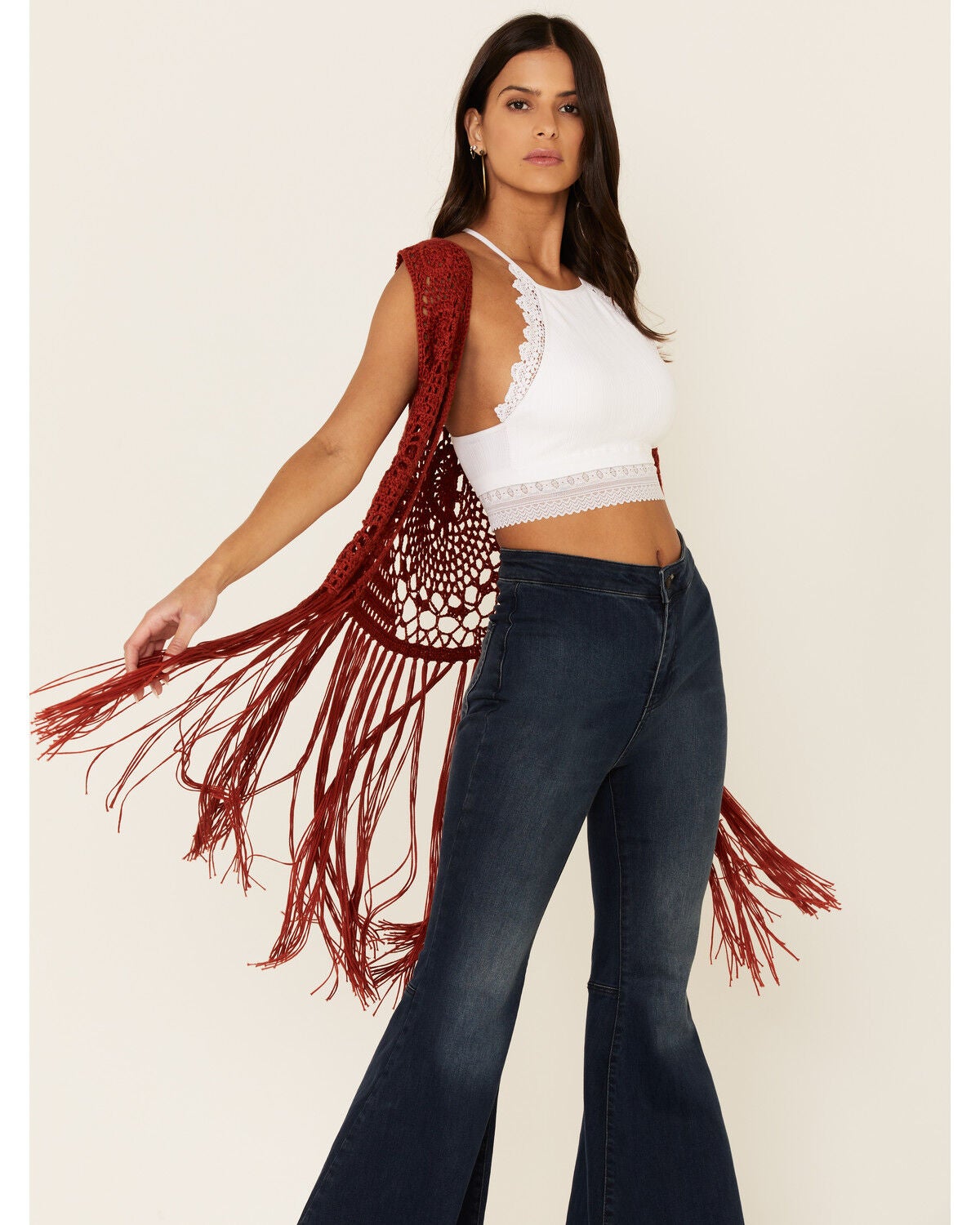 Rust Crochet Fringe Vest 