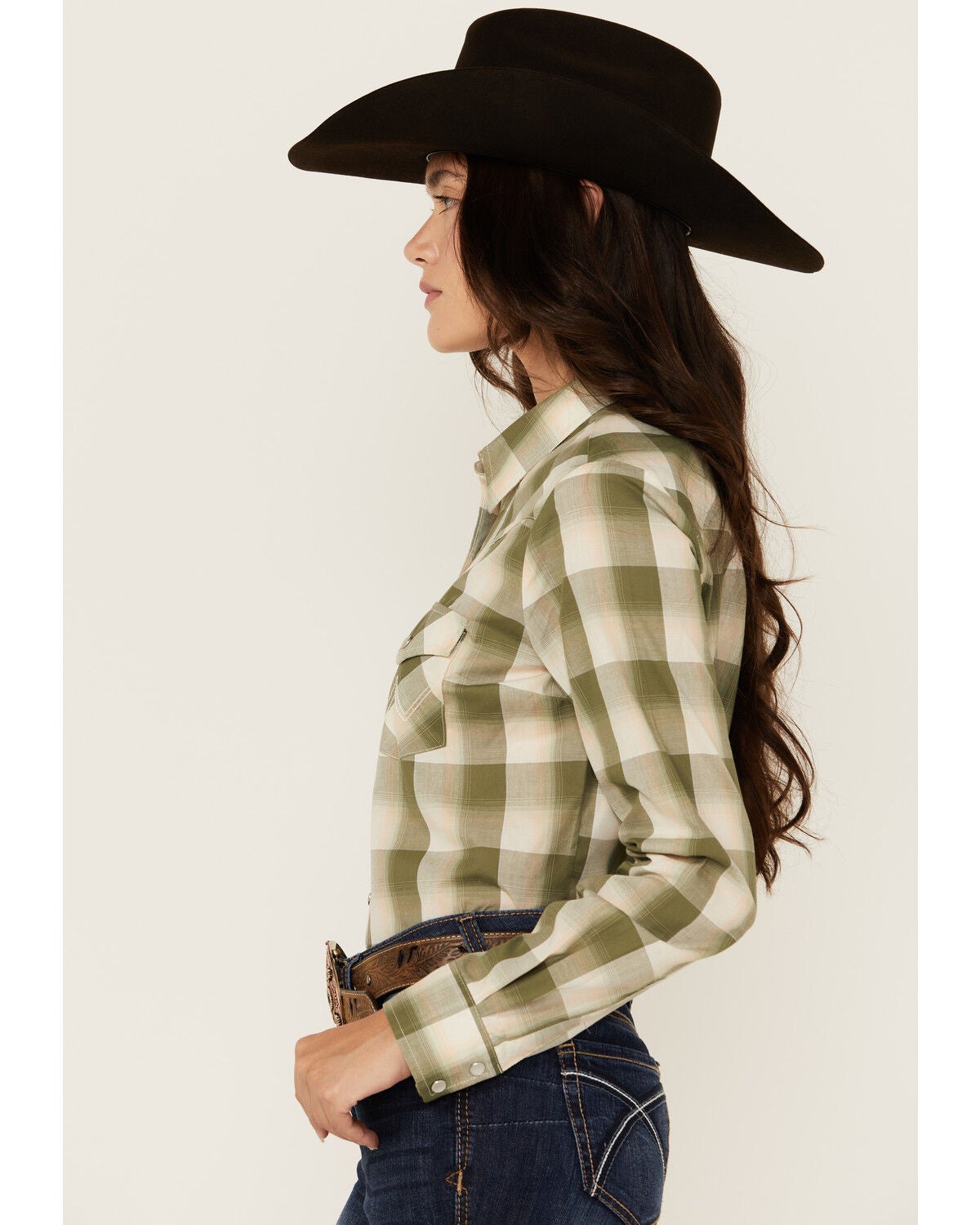 Image #2 - Wrangler Retro Women's Plaid Print Long Sleeve Pearl Snap Western Shirt, Green, hi-res