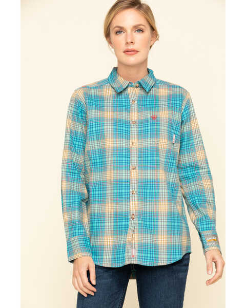 Image #1 - Ariat Women's Boot Barn Exclusive FR Savana Plaid Print Long Sleeve Work Shirt, Blue, hi-res