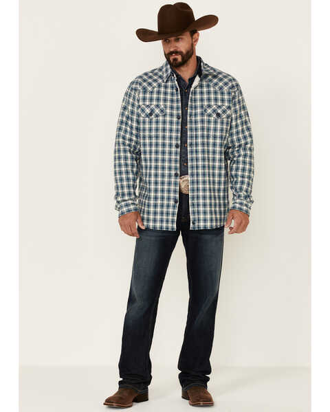 Image #2 - Cody James Men's Bonded Small Plaid Long Sleeve Snap Western Flannel Shirt , Navy, hi-res