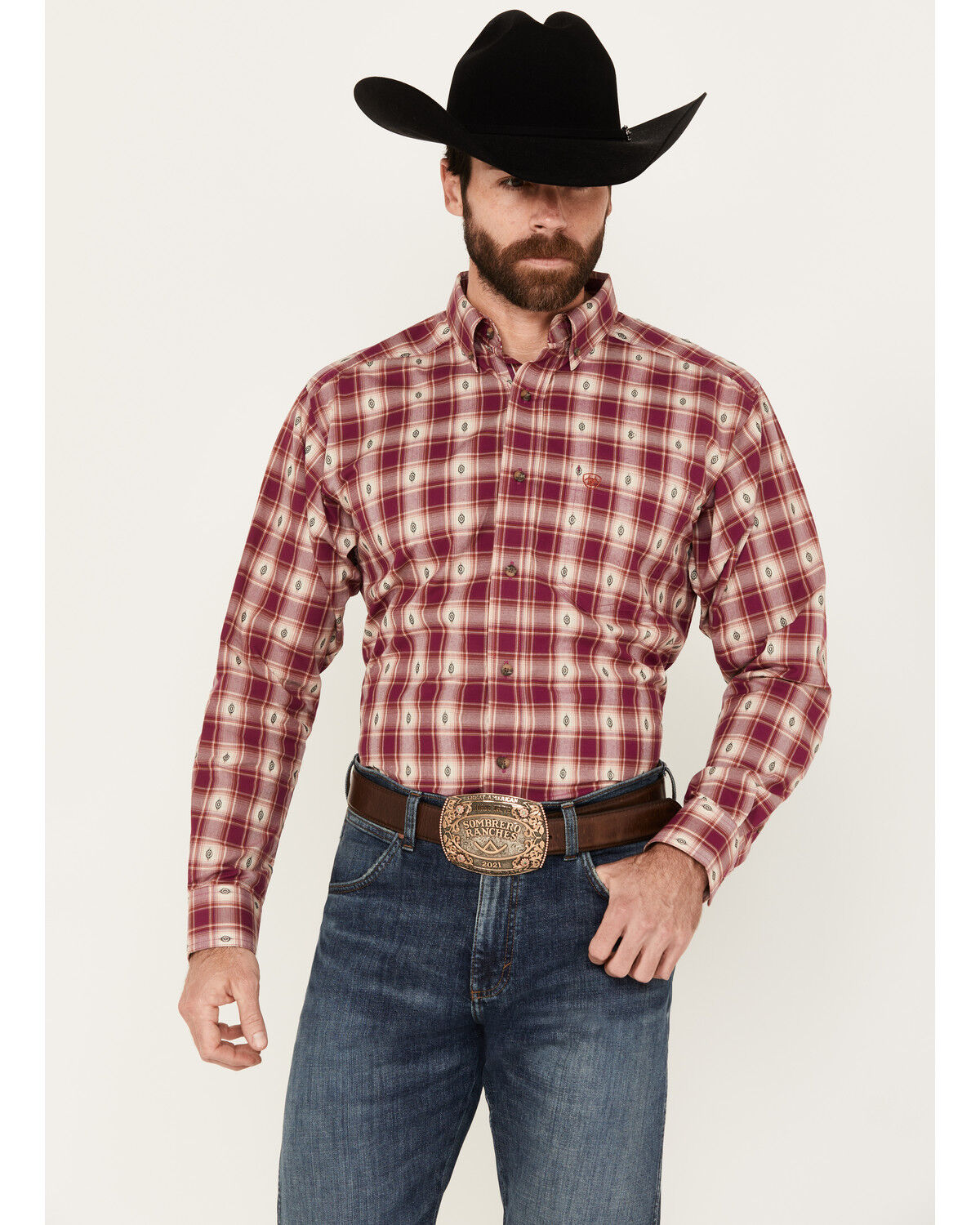 Image #1 - Ariat Men's Seamus Plaid Southwestern Print Long Sleeve Button-Down Western Shirt, Magenta, hi-res