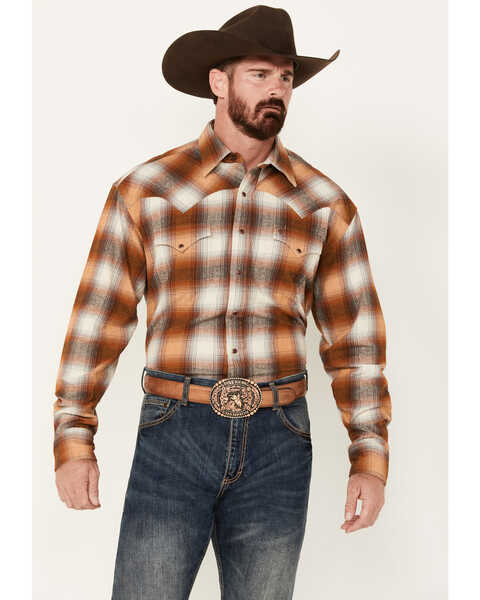 Image #1 - Stetson Men's Plaid Print Long Sleeve Snap Western Flannel Shirt, Rust Copper, hi-res