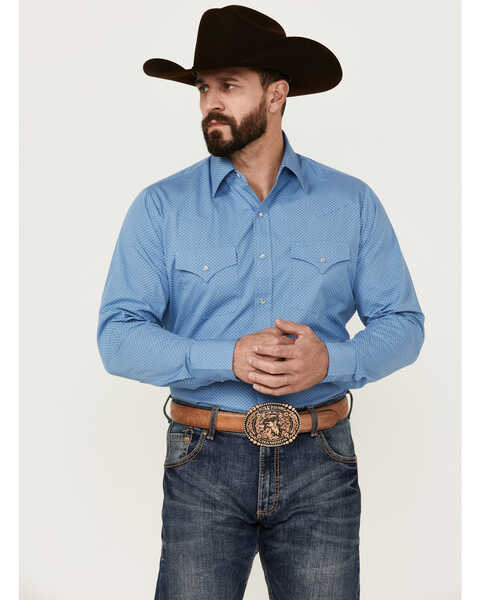 Ely Walker Men's Geo Print Long Sleeve Pearl Snap Western Shirt - Tall , Blue, hi-res