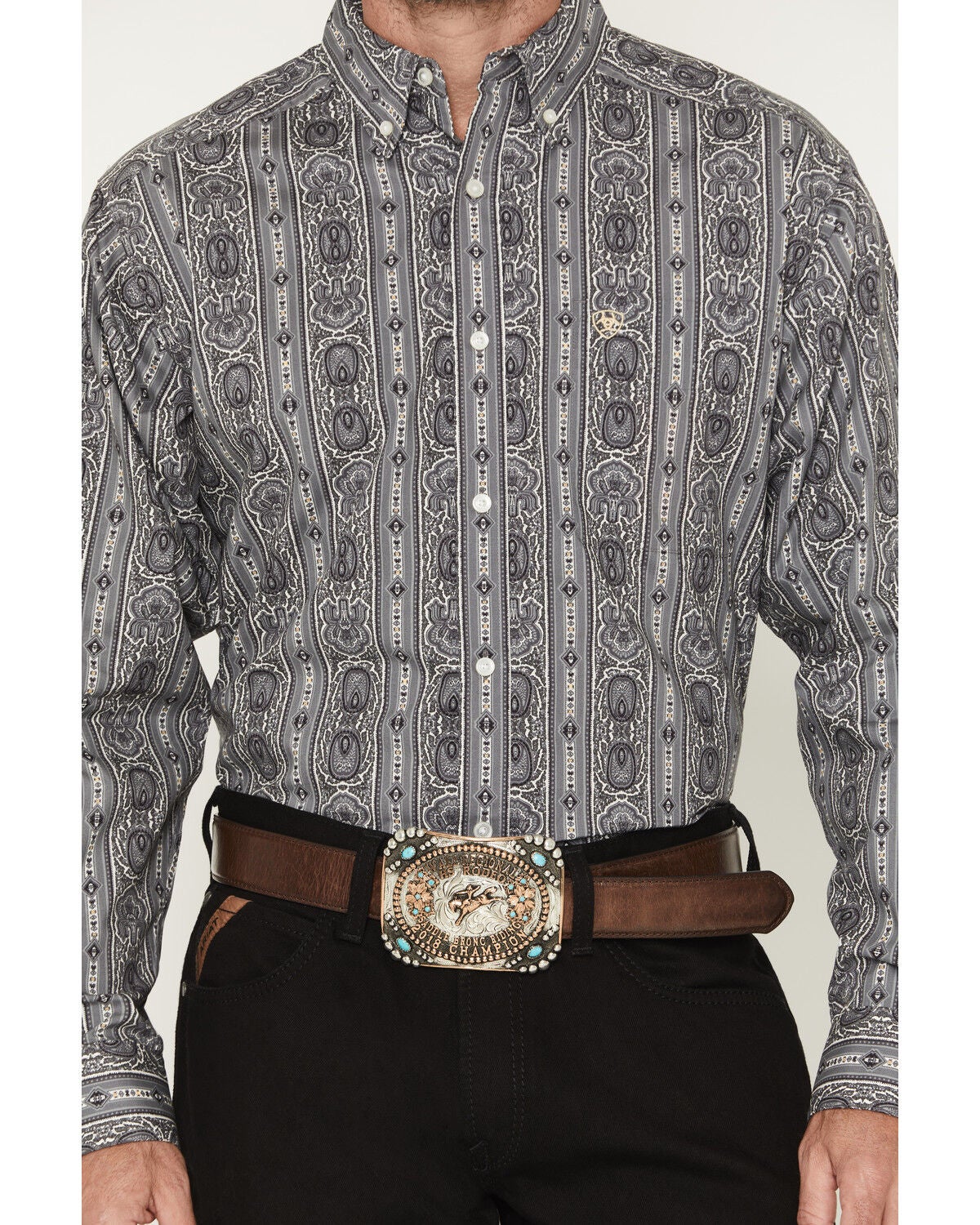 Image #3 - Ariat Men's Tatum Medallion Striped Long Sleeve Button-Down Western Shirt - Tall, Grey, hi-res